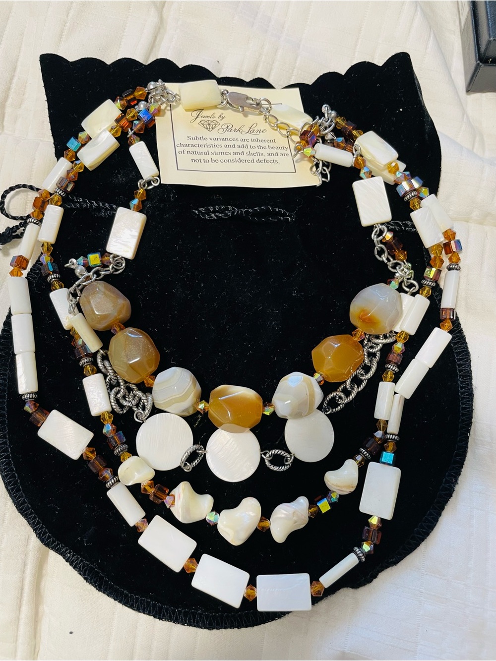 Park Lane White and Amber Layered Bead Statement Necklace set